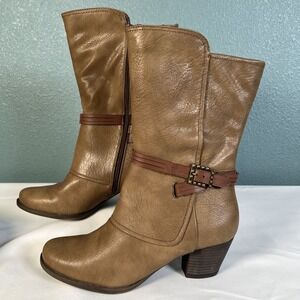 Baretraps Mid Calf Roxie Heeled Boots Womens Faux Leather Zip Buckle Cowgirl 9.5